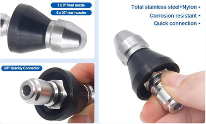 MIZORLIE (2Pcs) Pressure Washer Sewer Jetter Nozzle with Stainless Steel, Durable Design Sewer Jet Nozzle,Pressure Drain Jetter Hose Nozzle,3/8'' Quickly Connector, 5000 PSI Orifice 6.5