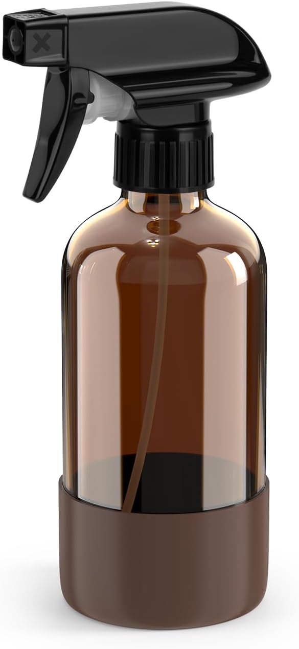 Bontip Amber Glass Spray Bottle with Silicone Sleeve Protection, 8 oz Refillable Spray Bottles for Cleaning Solutions, Plants, Aromatherapy, Facial Hydration (1, Brown, 8 oz)