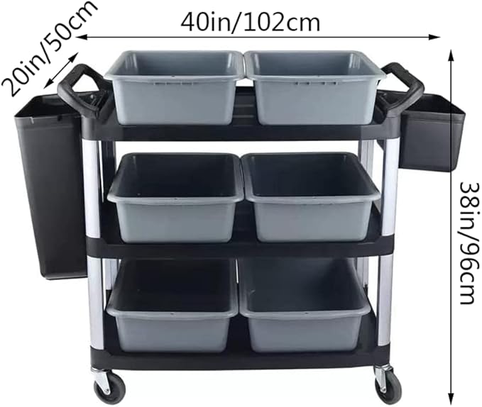 Storage Cart 3 Tier Heavy Duty Commercial Grade Utility Cart,Dish Cart for Restaurant,Multi-Function Mobile Shelving Unit Organizer for Hotel,Restaurant,Kitchen,Laundry Room with 6 Basin 2 Barrels