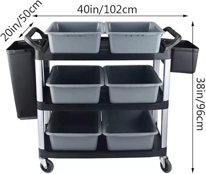 Storage Cart 3 Tier Heavy Duty Commercial Grade Utility Cart,Dish Cart for Restaurant,Multi-Function Mobile Shelving Unit Organizer for Hotel,Restaurant,Kitchen,Laundry Room with 6 Basin 2 Barrels