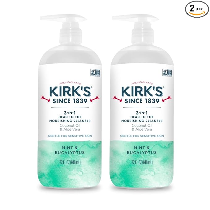 Kirk's Mint and Eucalyptus 3-in-1 Nourishing Cleanser, Shampoo Body Wash Bubble Bath, Coconut Oil and Aloe Vera, Vegan Non-GMO, 32 Fl Oz, Pack of 2