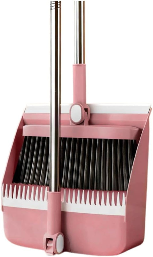 2-in-1 Broom with Dustpan Combo Set,Long Handle Broom Dustpan Combo with Dustpan Teeth to Automatically Clean Hair for Home, Indoor or Outdoor Cleaning Hall Floor (Pink)