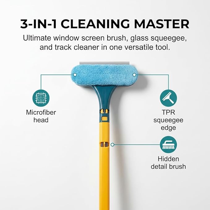 2026 Upgraded Window Screen Cleaner, 2 in 1 Detachable Screen Cleaning Brush with Squeegee, Wet Dry Dual Use,Multi-Functional Cleaner Tool for Patio, Door, Porch Screens (3)