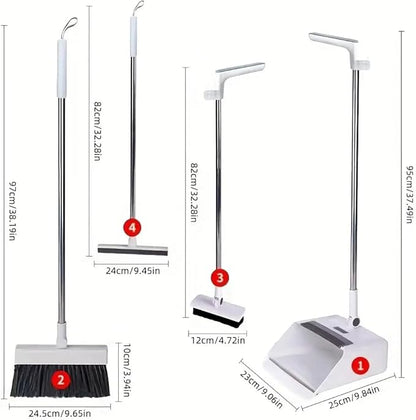 4-in-1 Broom and Dustpan Set with Floor Brush, White Stainless Steel Long Handle, Upright Standing Design for Home Office Kitchen, Squeegee Cleaning Tools Combo