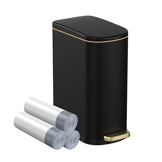 KSSKSS 2.6 Gallon Slim Bathroom Trash Can with Soft Close Lid, 10L Stainless Steel Garbage Can with Removable Liner Bucket, for Narrow Spaces, Bathroom, Bedroom (Matt Black)