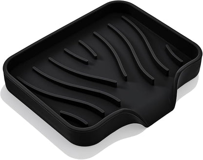 Grevosea Sponge Holder for Kitchen Sink, Silicone Dish Sponge Holder with Drain Spout Soap Dish Tray for Shower Bathroom Scrubbers Kitchen Sink Organizer Accessories (Black)