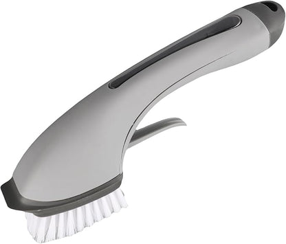 Zerodis Brushes Long Handle Scrub Brush Soap Dispening Tool Suitable for Sinks Countertops Grout Lines Pan Dish Washing Pot Brush with Pot (Grey)