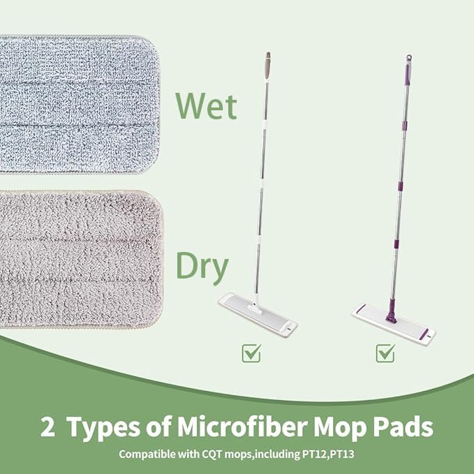 CQT Replacement Washable Microfiber Mop Pads Flat Floor Reusable 18 Inch for Floor Care System 2 Wet and 2 Dry Mop Pads Packed (18")