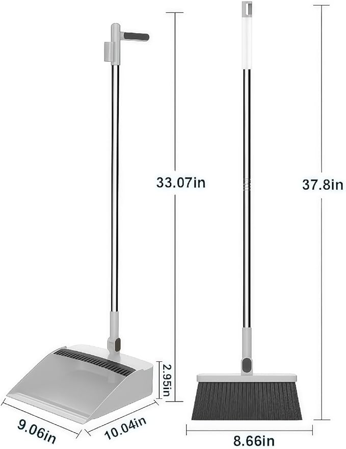 Broom and Dustpan Set, Long Handle Standing Broom with Self-Cleaning Comb Teeth, Heavy Duty Broom Dustpan Combo for Home Kitchen Office Floor Pet Hair Cleaning (White)