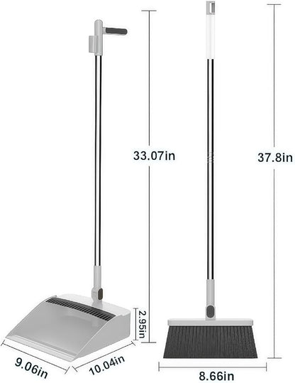 Broom and Dustpan Set, Long Handle Standing Broom with Self-Cleaning Comb Teeth, Heavy Duty Broom Dustpan Combo for Home Kitchen Office Floor Pet Hair Cleaning (White)