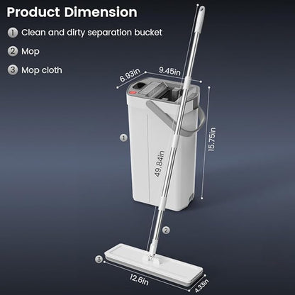 Mop and Bucket Set with Dirty Water Separation, Flat Mop System Auto-Separates Clean & Used Water, 50" Adjustable Handle, 4 Reusable Microfiber Pads for Home Floor Cleaning