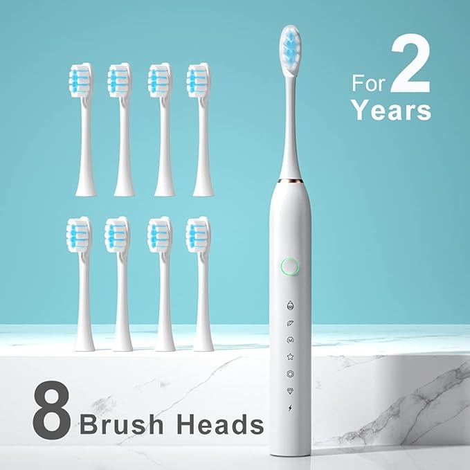 SUNPRO 2 Pack Adults Sonic Electric Toothbrush, 42000vpm, 6 Modes Rechargeable for Deep Cleaning Include 8 Heads (Black+White)