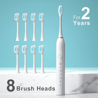 SUNPRO 2 Pack Adults Sonic Electric Toothbrush, 42000vpm, 6 Modes Rechargeable for Deep Cleaning Include 8 Heads (Black+Pink)