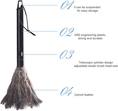 2pcs Feather Duster, Retractable Handle Fluffy and Natural Feather Duster Intrior/Extrior Cleaner for Blinds, Kitchen, Keyboard, Office Cleaning Supplies(Color:Black)