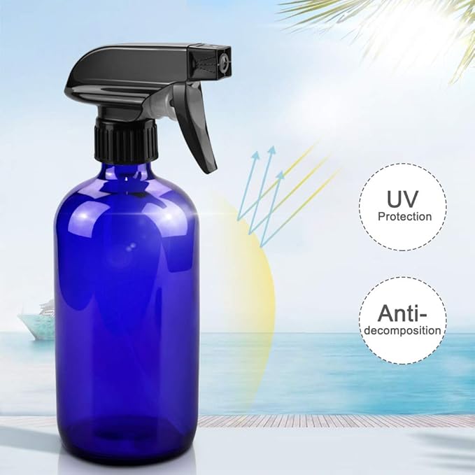 Worldgsb Glass Spray Bottles, 16oz Refillable Containers, Empty Boston Round Bottles with Labels & Adjustable Nozzle for Cleaning, Gardening, Aromatherapy, Pets, Plant, Hair -Blue (2 Pack)