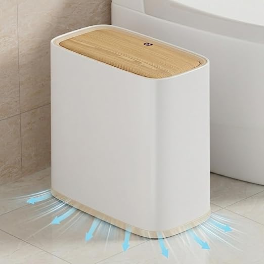 Bathroom Trash Can with Lid and Wheels, 10L/2.6 Gal Small Slim Garbage Can, Air-Press Bag Expander, Odor & Pet Proof, Wood Grain Press Lid, White Wastebasket for Bedroom, Office, Living Room
