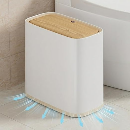 Bathroom Trash Can with Lid and Wheels, 10L/2.6 Gal Small Slim Garbage Can, Air-Press Bag Expander, Odor & Pet Proof, Wood Grain Press Lid, White Wastebasket for Bedroom, Office, Living Room