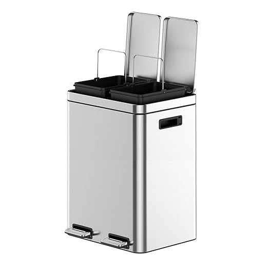 2 x 5.3 Gallon Kitchen Trash Can, Dual Compartment Garbage Can, Stainless Steel Rubbish Bin with Soft-Close Lid and Removable Inner Wastebasket for Kitchen, Home Office