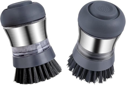 Steel Soap Dispensing Palm Brush - Pack of 2 - Kitchen Dish Scrub Brush