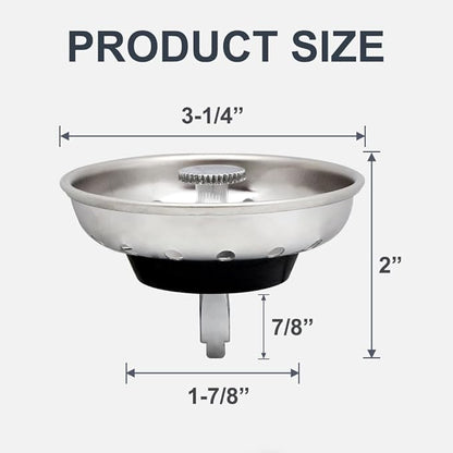 2 Pack - Kitchen Sink Strainer and Stopper Combo Basket Replacement for Standard 3-1/2 inch Drain, Stainless Steel Basket with Plastic Knob, Rubber Stopper Bottom