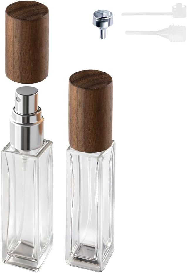 Perfume Atomizer, Glass Perfume Container,Travel Bottle Refillable, Empty Portable Leakproof Frangrance Spray Bottle (Walnut 2pcs 10ml/0.3oz)