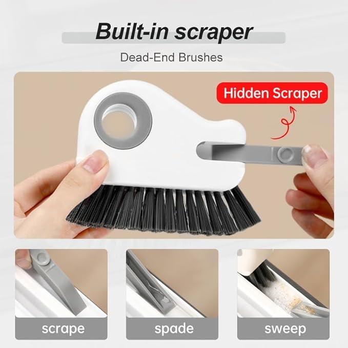 2 in 1 Groove Cleaning Brush, 2025 New Window Track Cleaning Tools, Multifunctional Bristle Crevice Brush with Hidden Scraper for Sliding Door Track Window Seal (Gray 1pc)