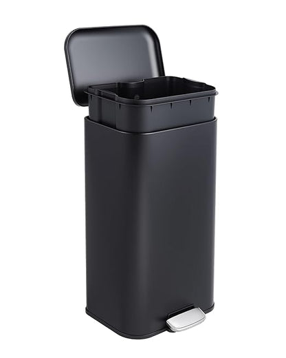 OUTLANE Bathroom Trash Can with Lid Soft Close, Step Pedal, 30 Liter / 8 Gallon Kitchen Trash Can,Stainless Steel Trash Bin for Bedroom, Office, Kitchen, Black