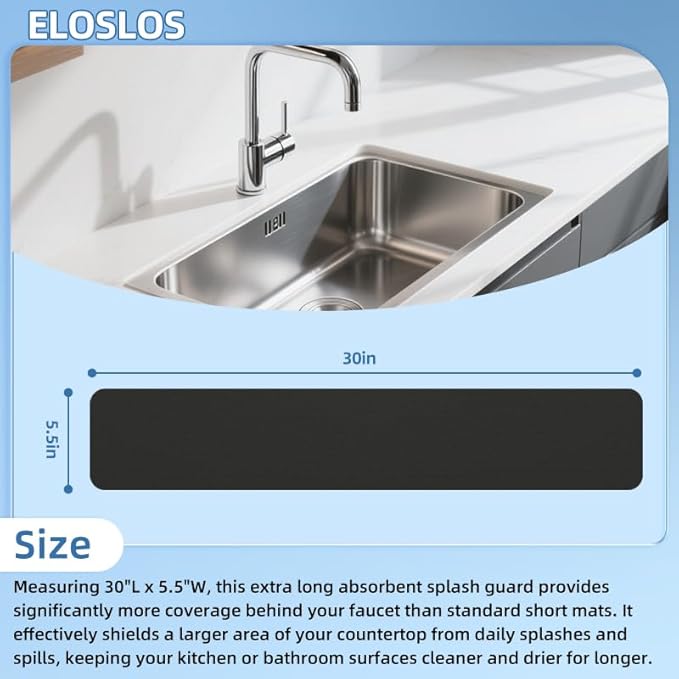 30"L x 5.5"W Customizable Sink Faucet Mat for Kitchen Sink 2 Holes & 3 Holes, DIY Cut for Oval/Rectangle/Square Faucets, Extra Long Quick-Drying Absorbent Splash Guard Counter Protector, Black