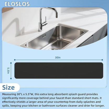 30"L x 5.5"W Customizable Sink Faucet Mat for Kitchen Sink 2 Holes & 3 Holes, DIY Cut for Oval/Rectangle/Square Faucets, Extra Long Quick-Drying Absorbent Splash Guard Counter Protector, Black