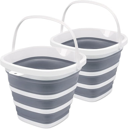 Goderewild 2 Pack Collapsible Bucket, 2.6 Gallon (10L) - Square Foldable Mop Bucket for House Cleaning, Car Washing, Camping - Portable Water Pail for Outdoor, RV, Travel (Grey)