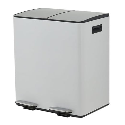 Garvee Dual Compartment Trash Can, 2 x 5.3 Gal (2 x 20L) Stainless Steel Recycling Bin with Foldable Foot Pedal & Soft-Close Lid, Kitchen Garbage & Recycle Combo - White