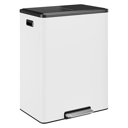 16 Gallon/60 L Dual Trash Can, Stainless Steel Garbage Can with Soft-Close Lid & Step Pedal, 2 x 8 Gallon Commercial Double Recycling Bin with 2 Removable Inner Buskets for Kitchen Office, White