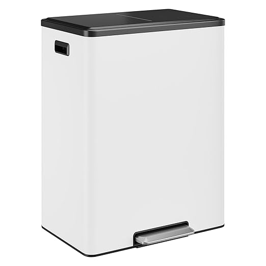 16 Gallon/60 L Dual Trash Can, Stainless Steel Garbage Can with Soft-Close Lid & Step Pedal, 2 x 8 Gallon Commercial Double Recycling Bin with 2 Removable Inner Buskets for Kitchen Office, White