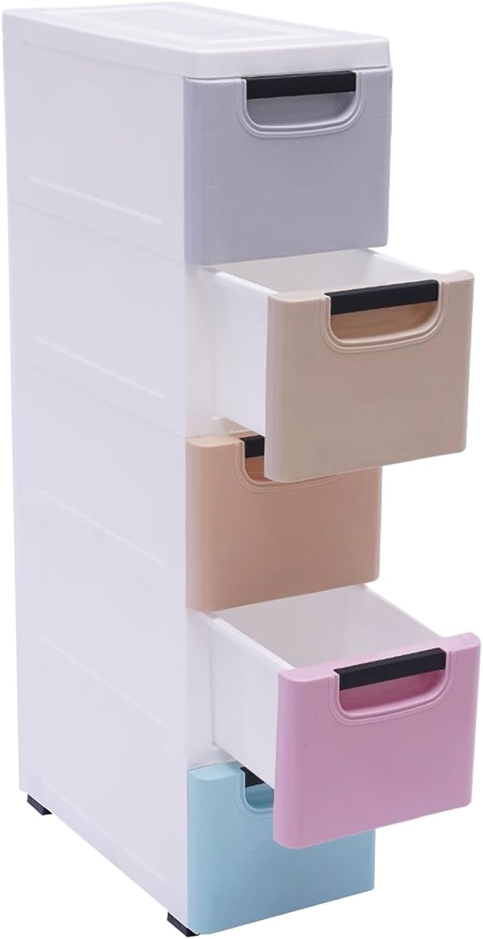 5 Drawers Slim Storage Cabinet,Rolling Narrow Cabinet with Drawer and Wheel,Multifunctional Floor Cabinet for Small Spaces Bathroom Kitchen Bedroom Living Room