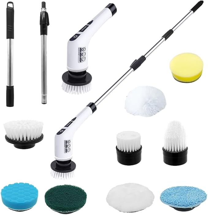 Electric Spin Scrubber, Cordless Cleaning Brush with Adjustable Extension Scrubber for Home, 9 Replaceable Brush Heads, 2 Speeds, Electric Cleaning Brush for Bathroom, Tub, Kitchen, Tile, Floor, car