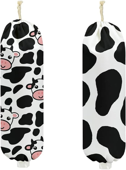2Pcs Cow Plastic Bag Holder 22.5x9 Inch, Cute Cows Wall Mount Plastic Bag Organizer with Drawstring, Reusable Grocery Bags Storage Dispenser for Home Kitchen Pantry Decor, Cow Gifts for Women Mom
