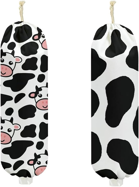 2Pcs Cow Plastic Bag Holder 22.5x9 Inch, Cute Cows Wall Mount Plastic Bag Organizer with Drawstring, Reusable Grocery Bags Storage Dispenser for Home Kitchen Pantry Decor, Cow Gifts for Women Mom
