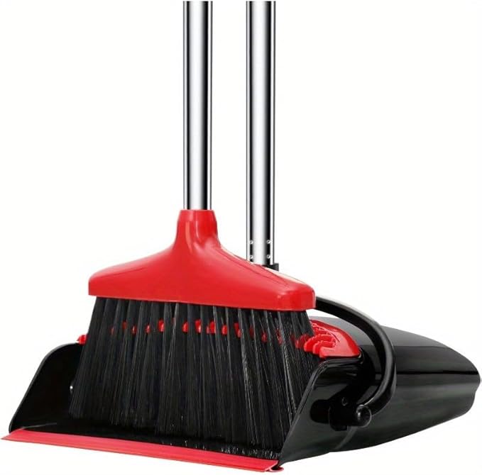 Broom and Dustpan Set, 43-in Long Adjustable Handle Broom Dustpan Combo,Automatically Clean Hair Suitable for Home Kitchen Office Hall Floor,Red