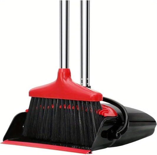 Broom and Dustpan Set, 43-in Long Adjustable Handle Broom Dustpan Combo,Automatically Clean Hair Suitable for Home Kitchen Office Hall Floor,Red