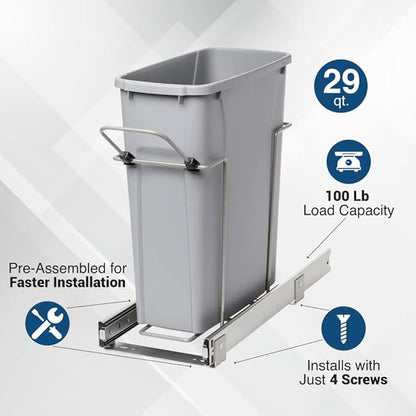 Knape & Vogt RS-PSW10-1-29-R-P in-Cabinet, 18.80 9.3 19-Inch Pull Out Trash Can, Platinum