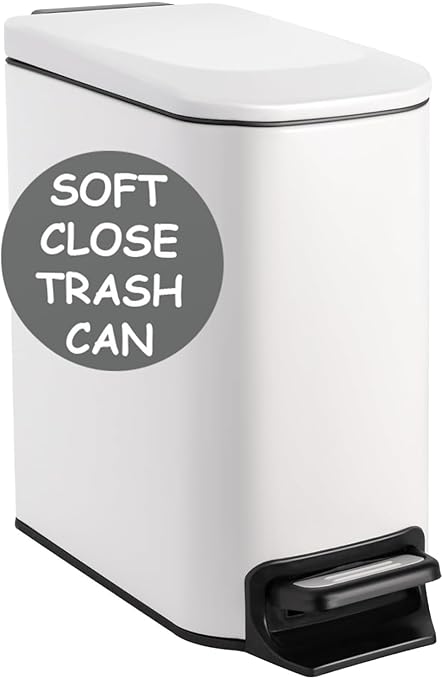 Homie Soft Close, Slim Trash Can 6 Liter / 1.6 Gallon with Anti - Bag Slip Liner and Lid, Use as Mini Garbage Basket, Slim Dust Bin, or Decor in Bathroom, Restroom, Kitchen, or Bedroom (Matte White)