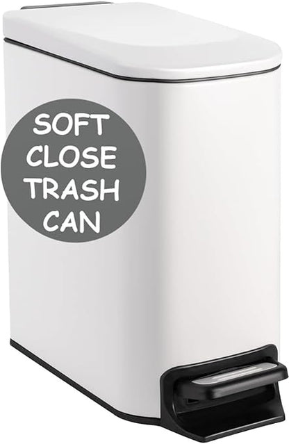 Homie Soft Close, Slim Trash Can 6 Liter / 1.6 Gallon with Anti - Bag Slip Liner and Lid, Use as Mini Garbage Basket, Slim Dust Bin, or Decor in Bathroom, Restroom, Kitchen, or Bedroom (Matte White)