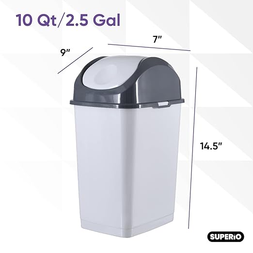 Superio Small 2.5 Gallon Plastic Trash Can with Swing Top Lid, Waste Bin for Under Desk, Office, Bedroom, Bathroom- 10 Qt, Beige/Brown (SmokeWhite/Grey)