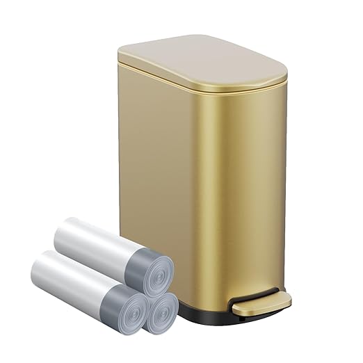 KSSKSS 2.6 Gallon Slim Bathroom Trash Can with Soft Close Foot Pedal, 10L Stainless Steel Garbage Can with Removable Liner Bucket, for Narrow Spaces, Bedroom, Gold