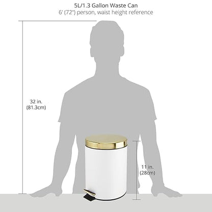 mDesign Pedal Bin — Metal Waste Bin with Pedal, Lid and Plastic Bucket Insert — Perfect for Bathroom, Kitchen, and Office — Household Rubbish Bin with Ergonomic Design — White/Gold