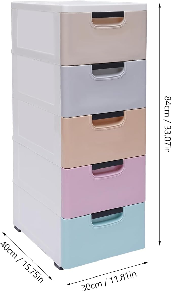 5 Drawer Stackable Storage Tower,Plastic Drawers Dresser,Narrow Rolling Storage Cabinet for Livingroom,Colored