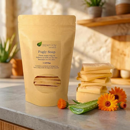 Aspen Kay Naturals - 1 Pound Bag of Fugly Soap, a Mixture of Dented & Imperfect Soap Bars, Soap Ends & Chunks. Natural & Organic Ingredients. (Aloe & Calendula)