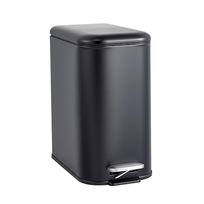 GlowSol Bathroom Trash Can with Lid, 3.2 Gallon 12 L Stainless Steel Step Trash Can with Removable Liner Bucket, Slim Small Wastebasket for Toilet Bedroom Office, Black