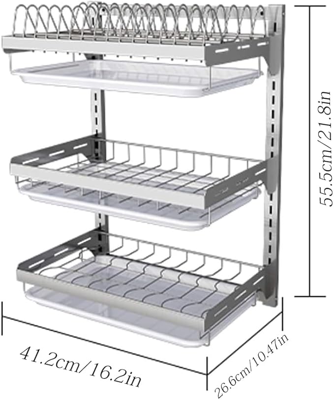 Dish Rack Wall Mounted,Hanging Dish Drying Rack,3 Tier Stainless Steel Dish Rack,Adjustable Length Drain Rack.with Drain Tray,Hooks（Silvery）
