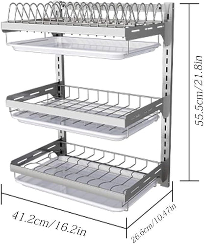 Dish Rack Wall Mounted,Hanging Dish Drying Rack,3 Tier Stainless Steel Dish Rack,Adjustable Length Drain Rack.with Drain Tray,Hooks（Silvery）